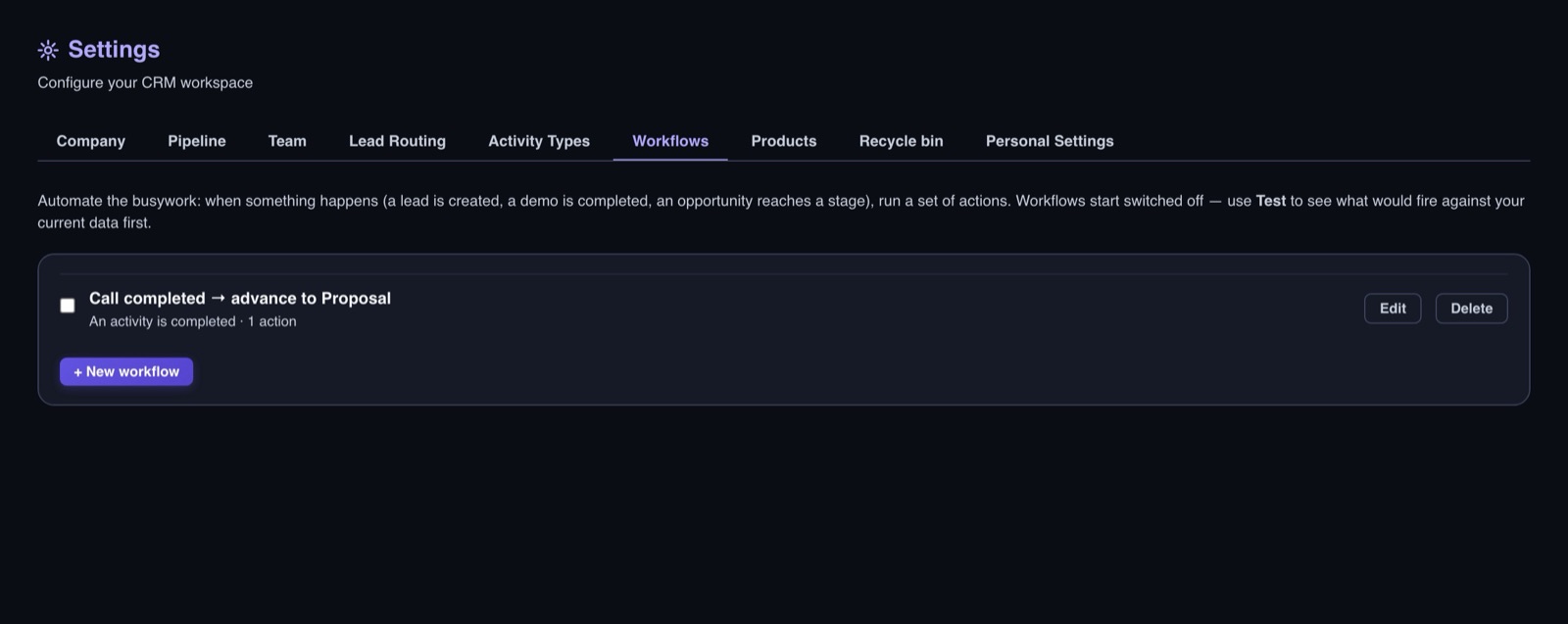 Centaur CRM Settings screen showing a saved workflow: when an activity is completed, notify the record owner